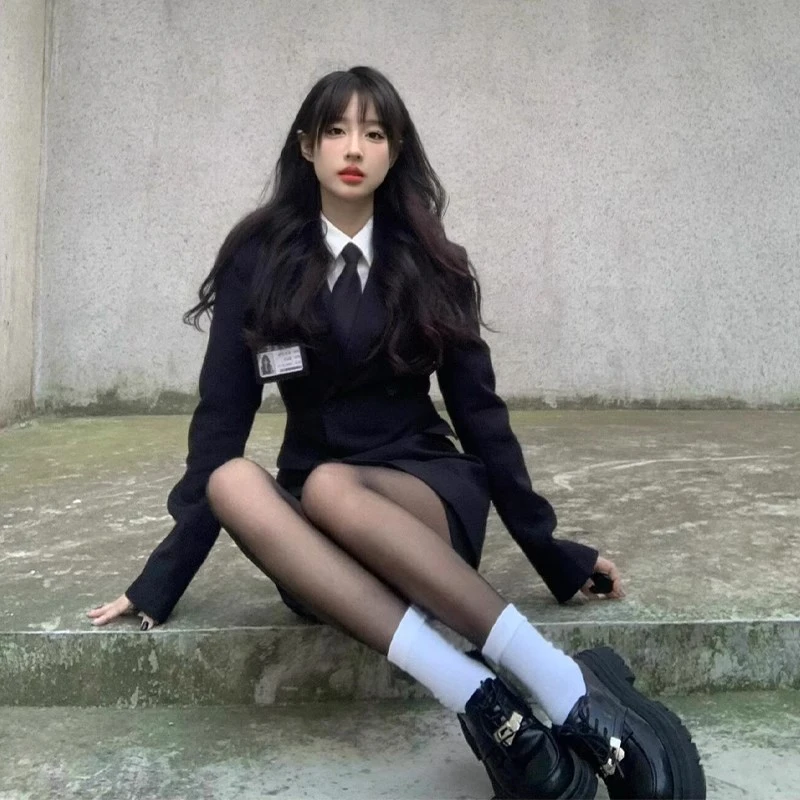 jk制服套装女春秋学院风外套职场衬衫收腰显瘦美式西服短裙两件套