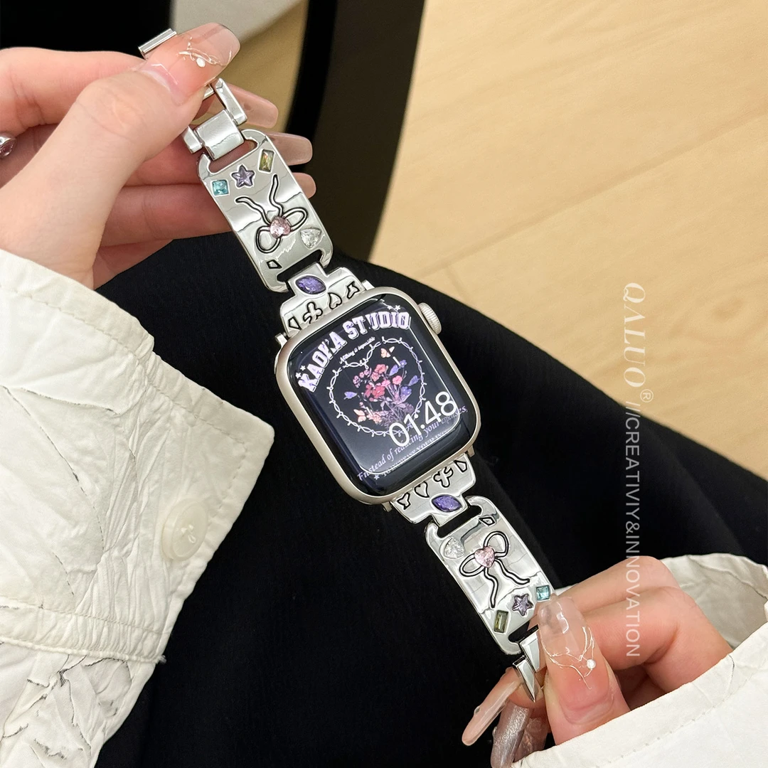 QALUO适用applewatchS9/S10金属手镯款iwatch8se代苹果表带女高级