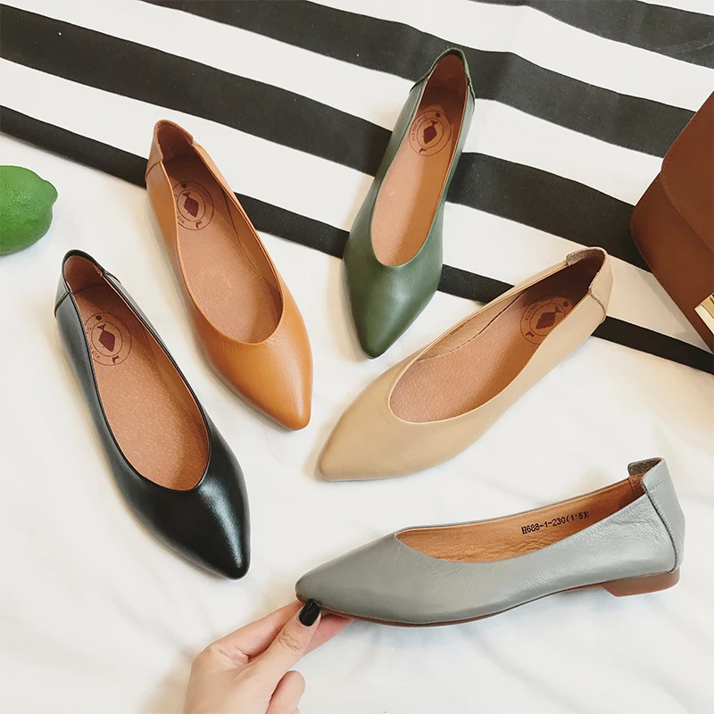 xizi/昔子 688-1头层牛皮单鞋软底尖头浅口女鞋春秋舒适 平底鞋女