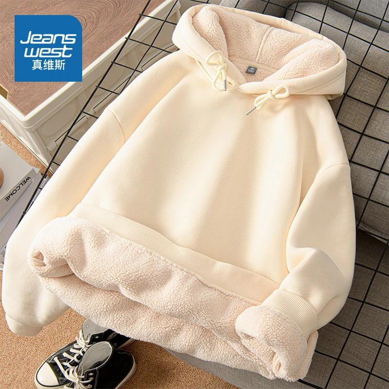 【真维斯】仿羊驼绒连卫秋冬款女休闲连帽中国风印花小个子套头上衣