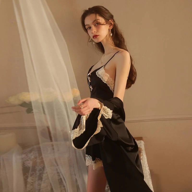 【指尖芭蕾】蕾丝甜美睡衣火辣露背绑带吊带睡裙外袍女家居服性感