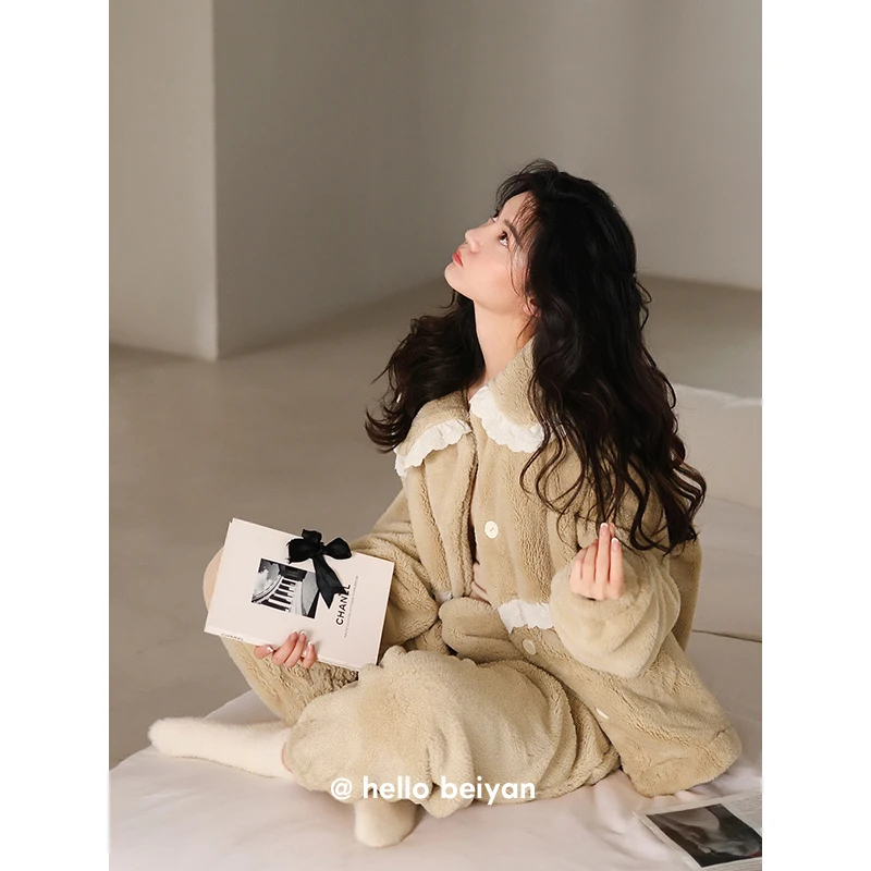 贝妍睡衣女冬季新款加厚珊瑚绒甜美少女保暖法兰绒开衫家居服套装
