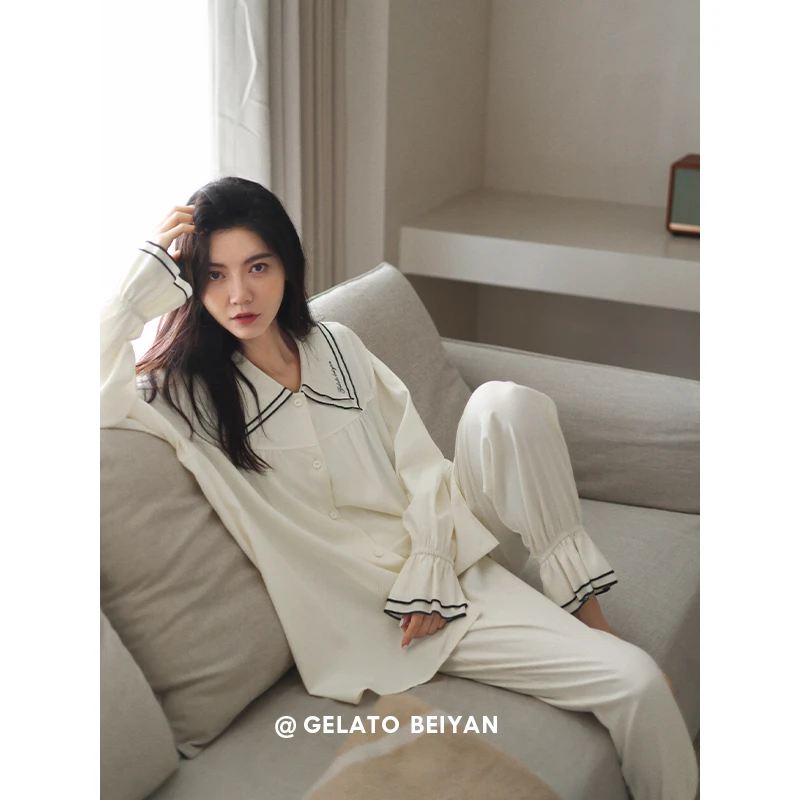 贝妍睡衣女士春秋季长袖柔软莫代尔棉家居服甜美少女开衫大码套装
