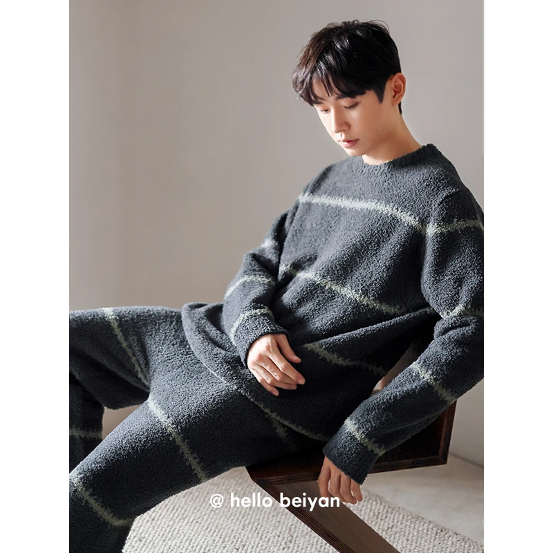 贝妍新款珊瑚绒睡衣男士冬季保暖半边绒家居服时尚大码可外穿套装