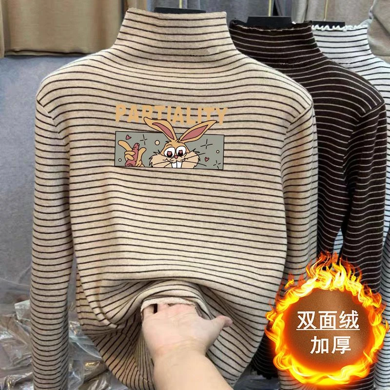男女童条纹半高领打底衫秋冬新款德绒磨毛长袖t恤中大童保暖上衣