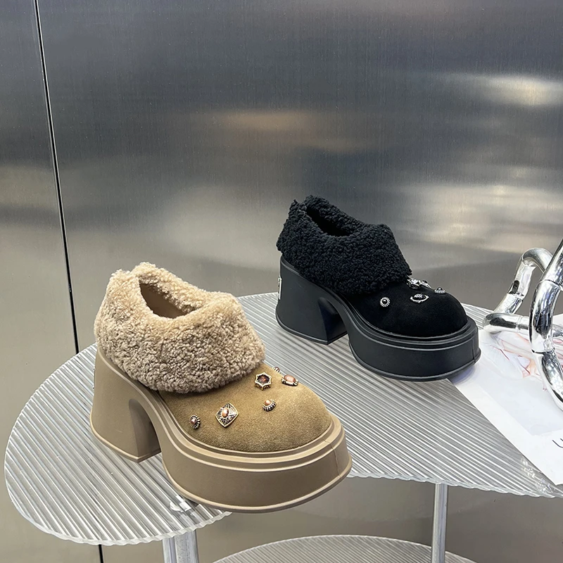 欧洲站女鞋2024秋冬新款磨砂皮小个子增高羊羔毛厚底鞋SJ8776-5