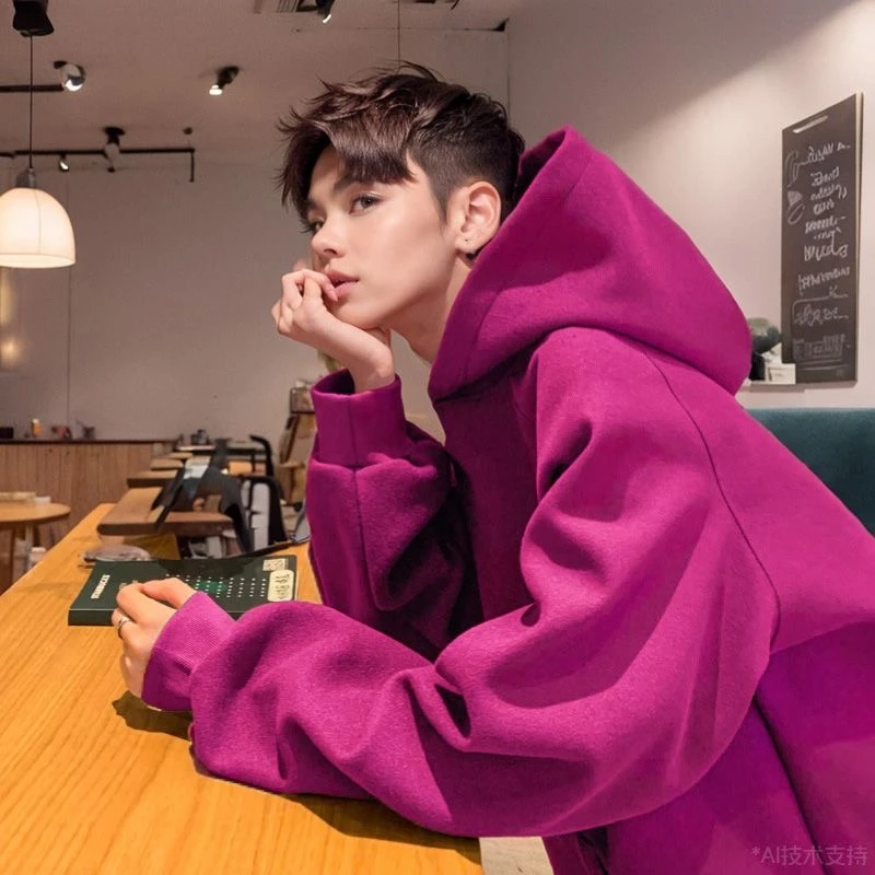 420g重磅树莓色卫衣男春秋款硬挺美式复古连帽oversize情侣装外套