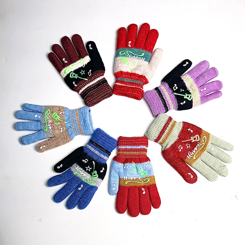 加绒加厚手套女冬季保暖毛线针织骑行防寒五指冬天棉小学生双层