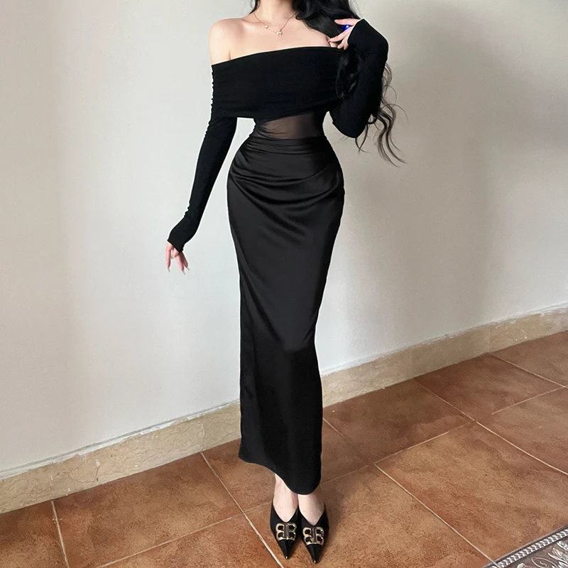 小众设计感网纱性感一字肩拼接连衣裙女秋冬新款修身显瘦黑色长裙