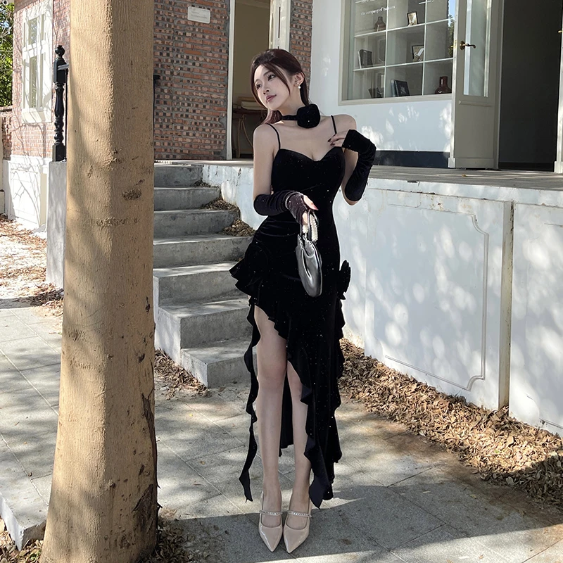 【红色浪漫】生日战袍不规则吊带连衣裙秋冬气质酒红色礼服开叉长裙