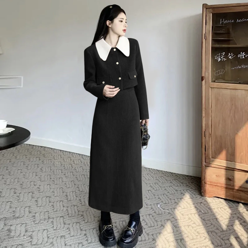 法式复古灯芯绒小香风套装女秋冬新款撞色娃娃领外套半身裙两件套