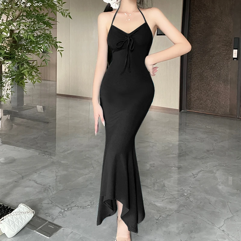 设计感辣妹气质绑带挂脖连衣裙内搭女2023新款性感露背吊带鱼尾裙