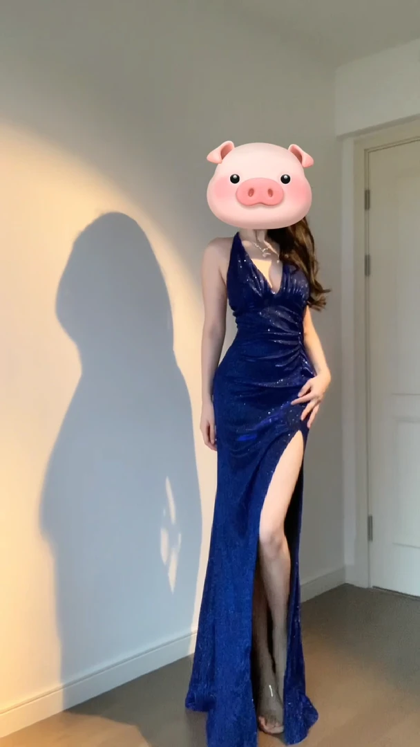 欧美风闪闪挂脖连衣裙高级感宴会蓝色礼服成人礼性感开叉长裙