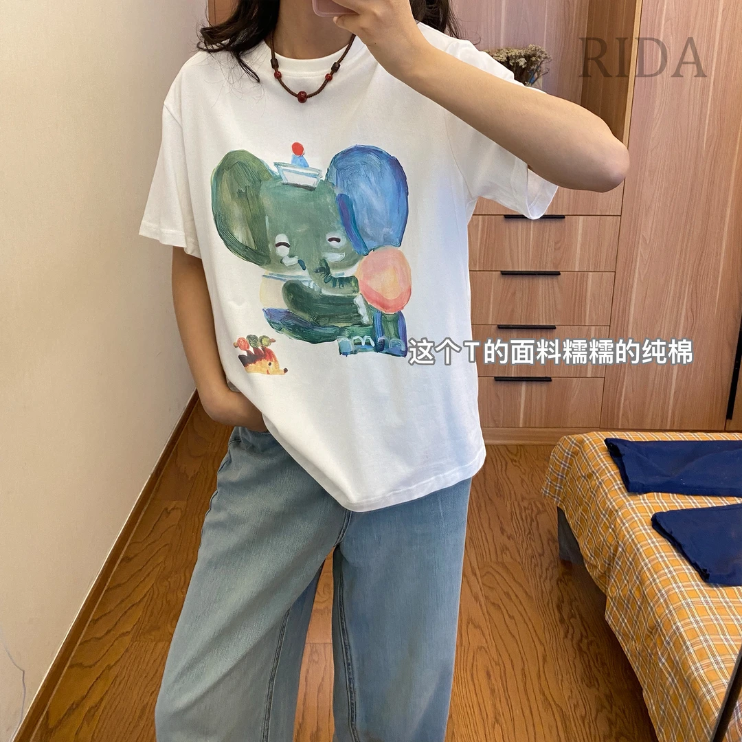 日褡  大象印花卡通T恤E21休闲百搭夏季减龄透气  X86036