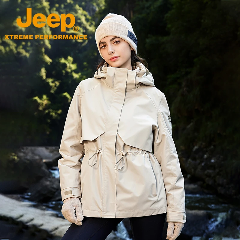 Jeep/吉普户外女士冲锋衣抓绒两件套防风防水抗静电运动登山外套