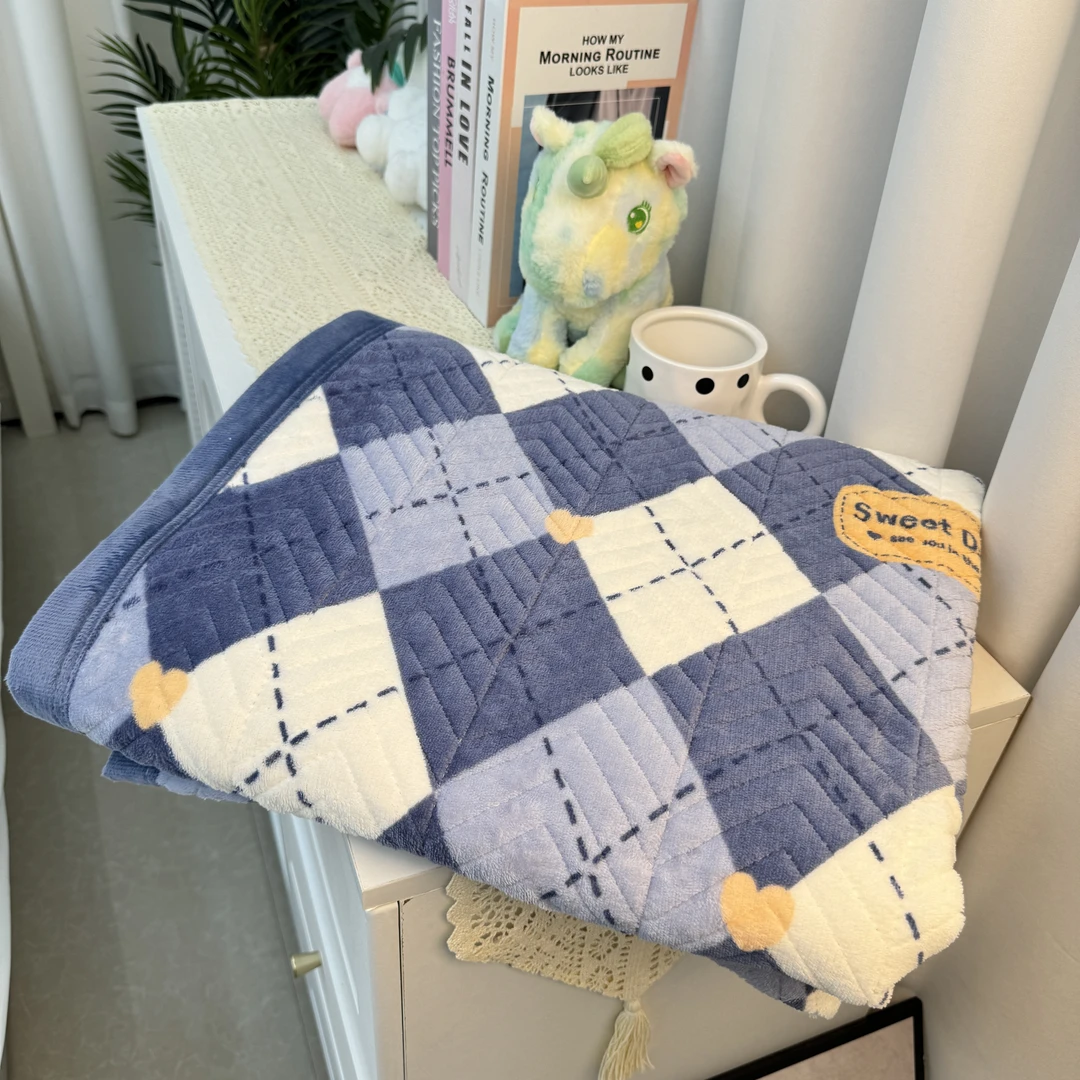 【蓝色菱形格】90x220 牛奶绒 沙发垫 床盖