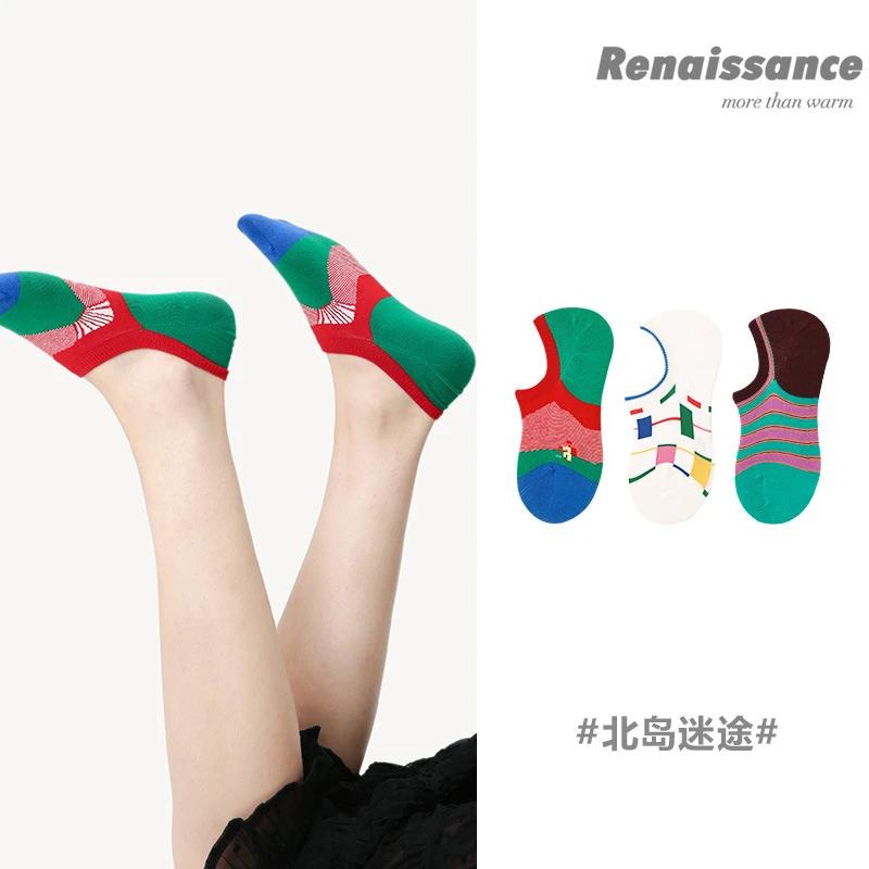 文艺复兴原创女袜春夏薄款袜子拼接条纹隐形袜无骨短袜礼盒装棉袜