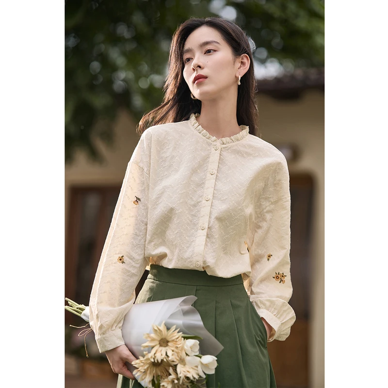 茵曼2025春秋新款女衬衫衬衣长袖气质女士纯棉洋气衣服女上衣