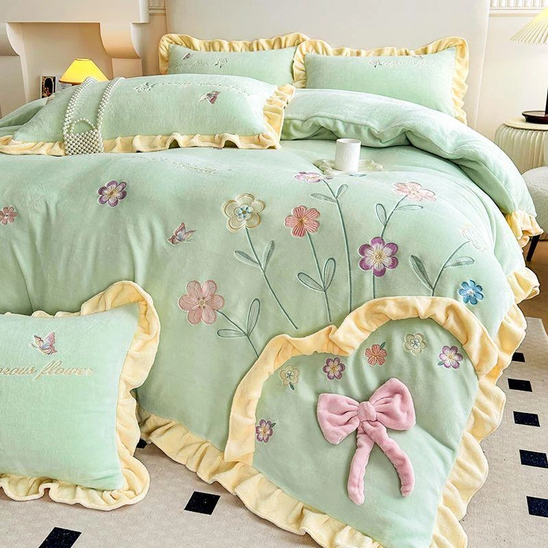 法式牛奶绒四件套蝴蝶结刺绣加厚保暖被套双面绒防静电不掉毛床品