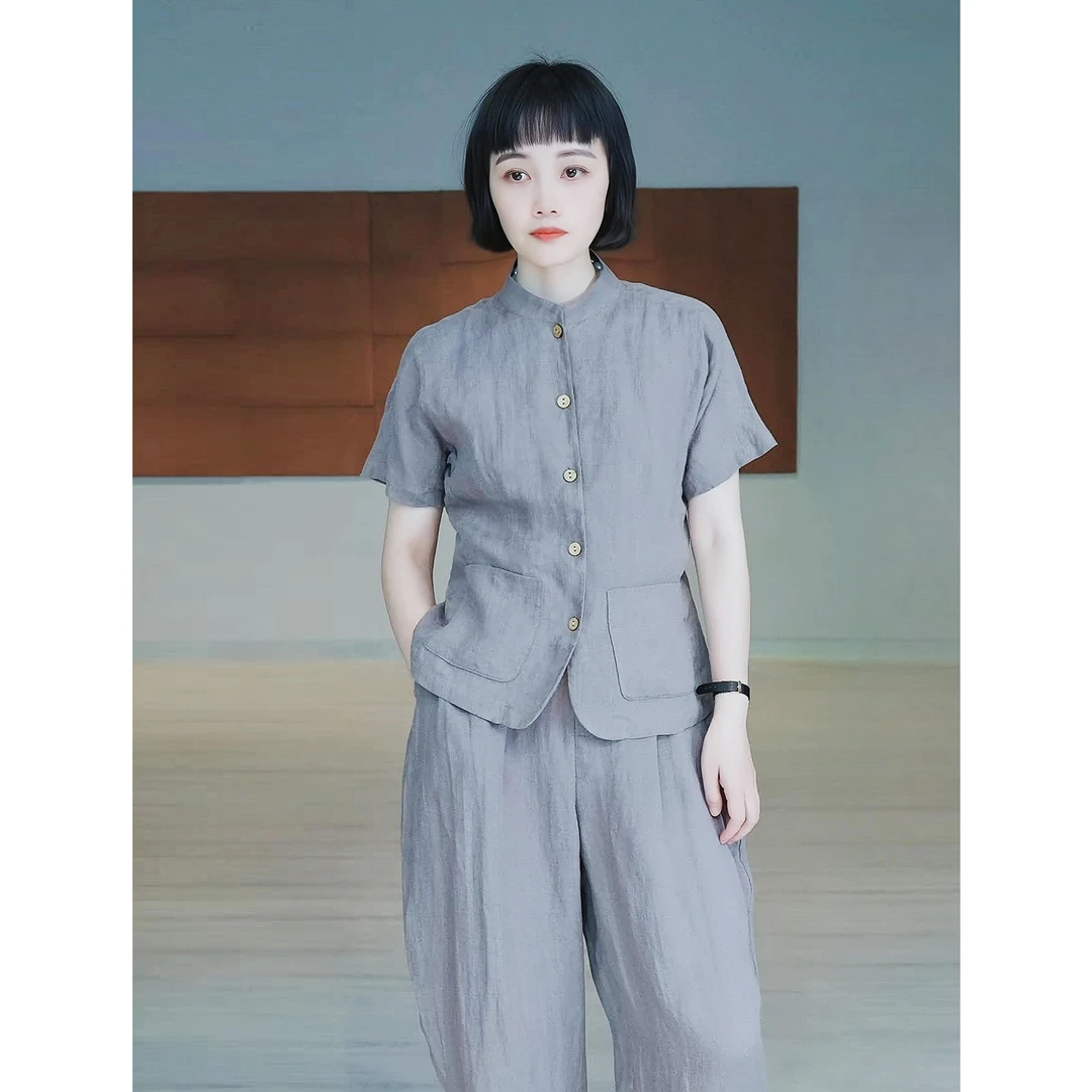 ICEEL原创小众设计中式亚麻短袖衬衫女夏季新款文艺休闲透气衬衣