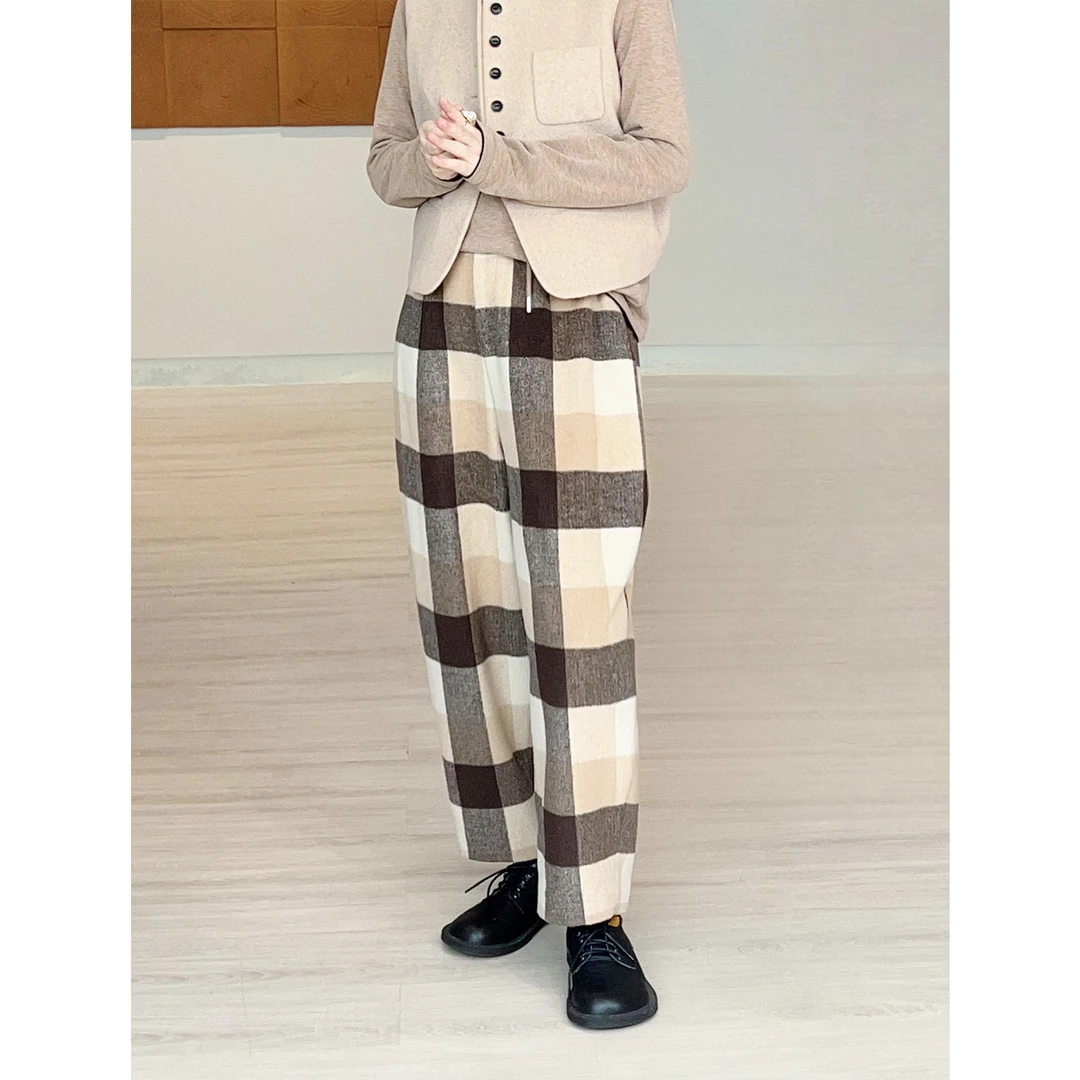 原创女装英伦复古时尚格子休闲裤秋冬新款羊毛裤加厚显瘦九分裤子
