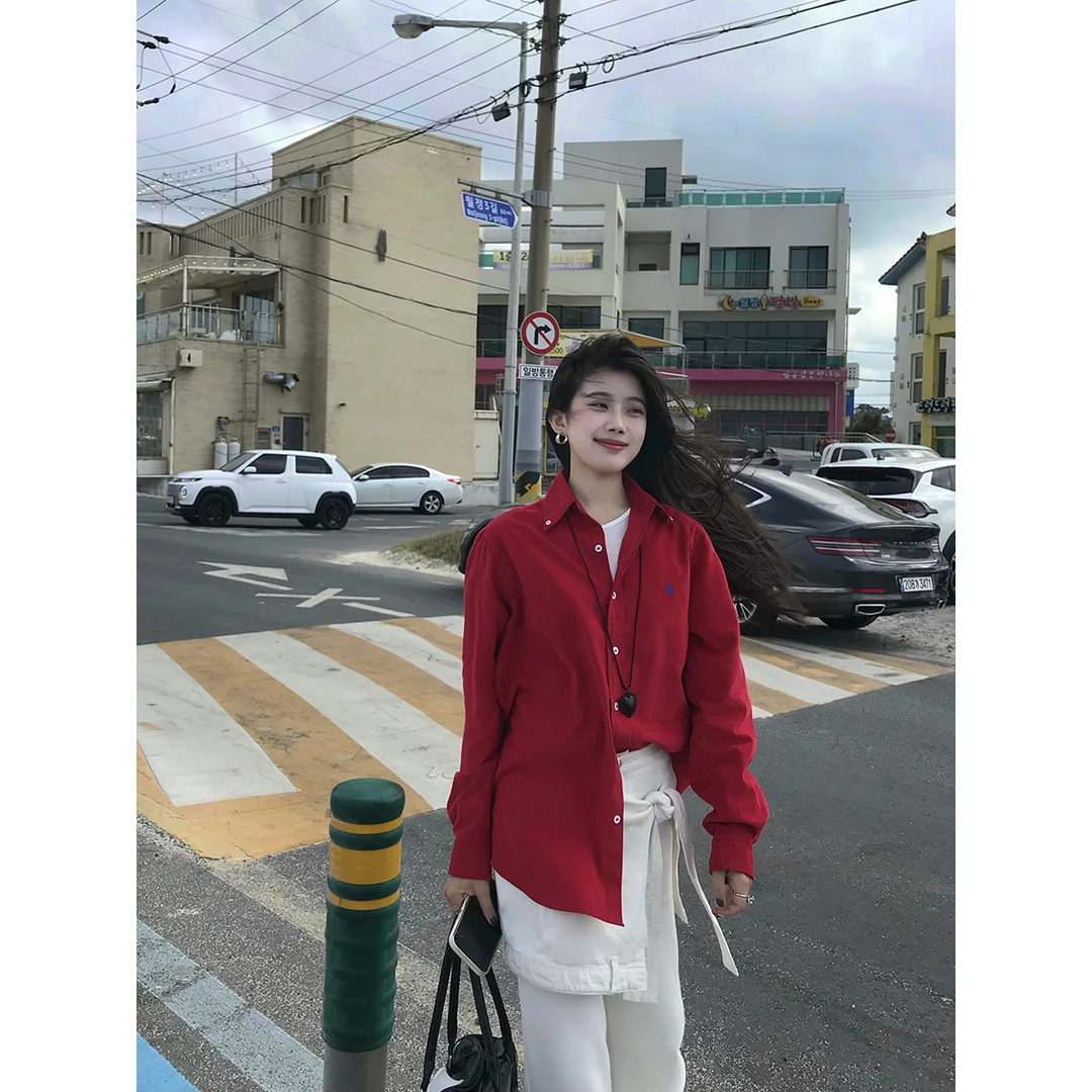 Joeyoo李乔优【】红色衬衫早秋新款长袖刺绣衬衣高级感上衣