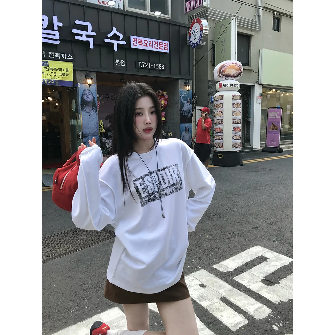 Joeyoo李乔优【心动时刻】圆领长袖T恤早秋宽松百搭打底衫字母上衣