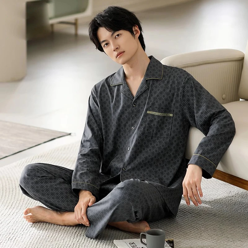 新款大码男士睡衣男春秋季翻领长袖秋冬可外出秋季宽松家居服