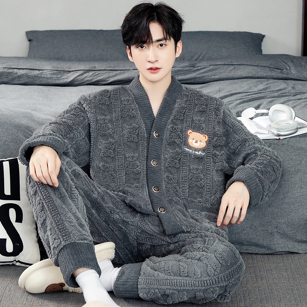 睡衣男秋冬款法兰绒加厚加绒保暖珊瑚绒翻领冬天开衫家居服套装
