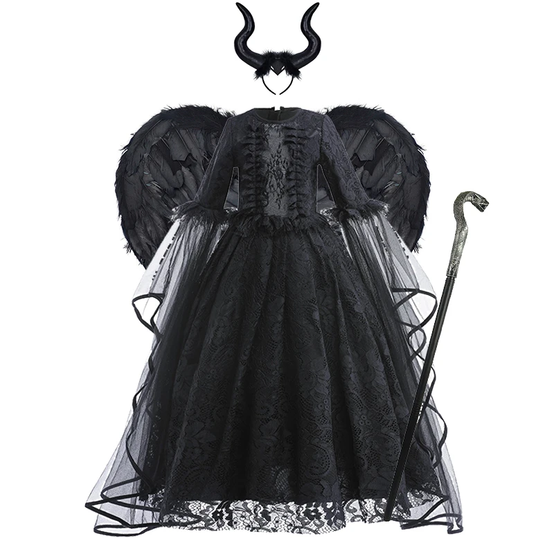 万圣节玛琳菲森女童公主裙女巫喇叭袖裙女童cos沉睡魔咒装扮演出