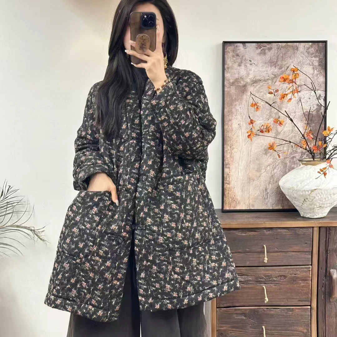 那年【3058】盘扣亚麻V领中式长袍（衣长85）复古时尚文艺碎花