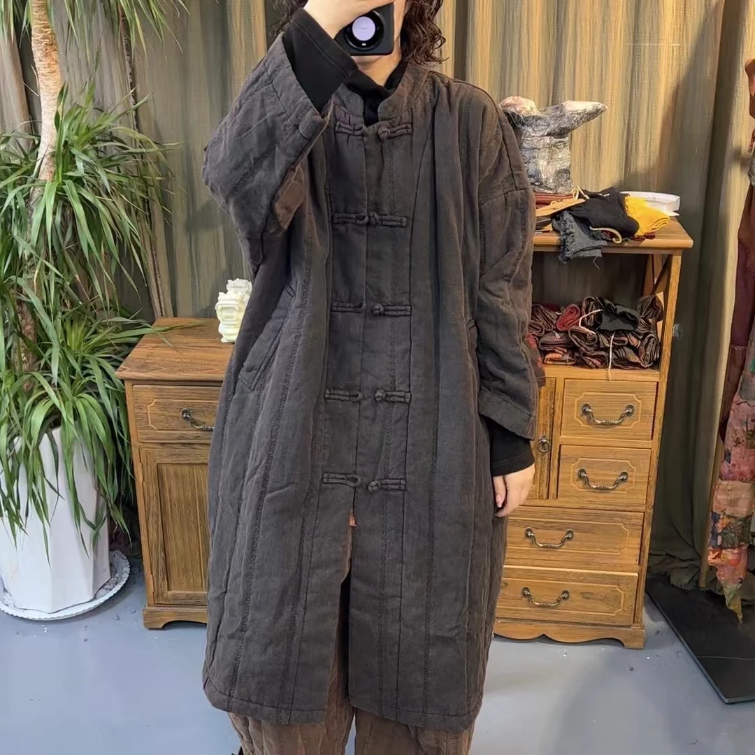 那年 秋冬季新款亚麻复古中式盘扣长袍夹棉上衣（衣长105胸围150）