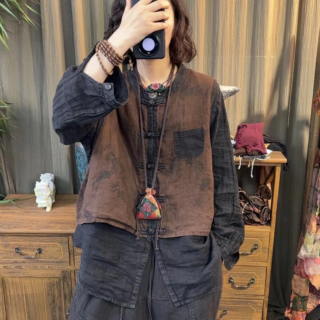 那年 秋季新款长袖亚麻衬衫假二件外套（衣长70胸围130）复古宽松