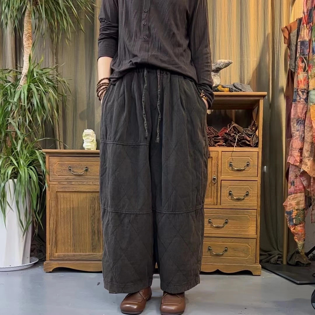 那年 秋冬新款双层菱格亚麻裤（裤长90臀围140）复古休闲百搭加厚