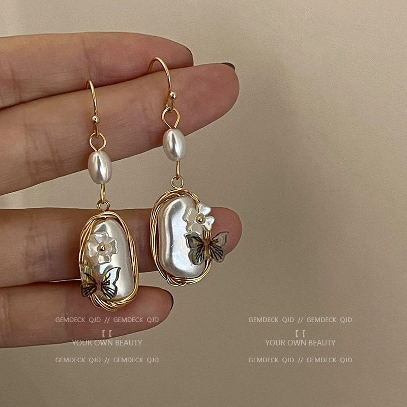 橙画 2023年新款复古法式蝴蝶花朵珠珠耳环女精致小众设计高级感