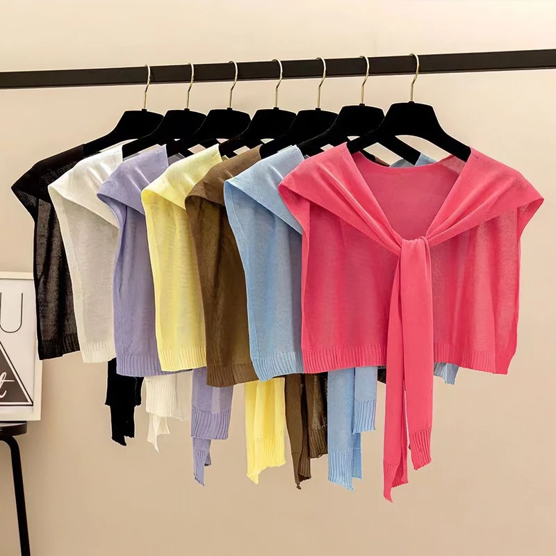 薄款冰丝针织防晒小短款斗篷女外搭夏季配裙子打结百搭空调房搭肩