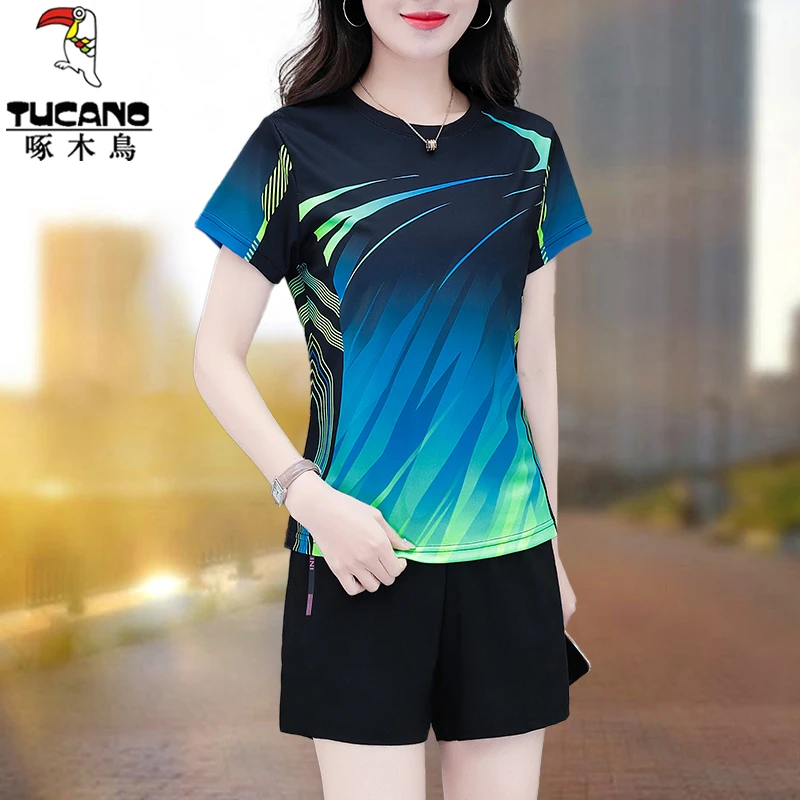 啄木鸟2024新款收腰速干运动套装女夏装休闲服夏季短袖短裤两件套