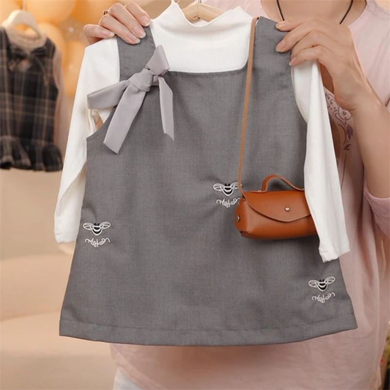 1915女童两件套春秋新款蜜蜂刺绣背心裙套装宝宝小香风连衣裙套装