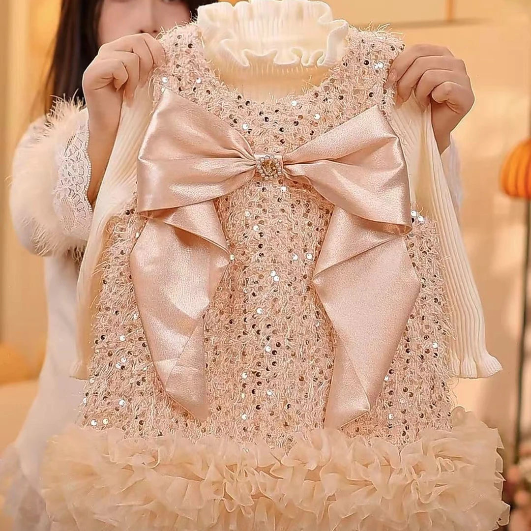 女童加绒加棉洋气拜年服冬款韩版宝宝保暖裙子周岁礼服裙圣诞裙子