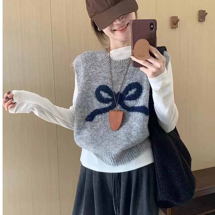 初秋韩系穿搭修身蝴蝶结毛线马甲1041