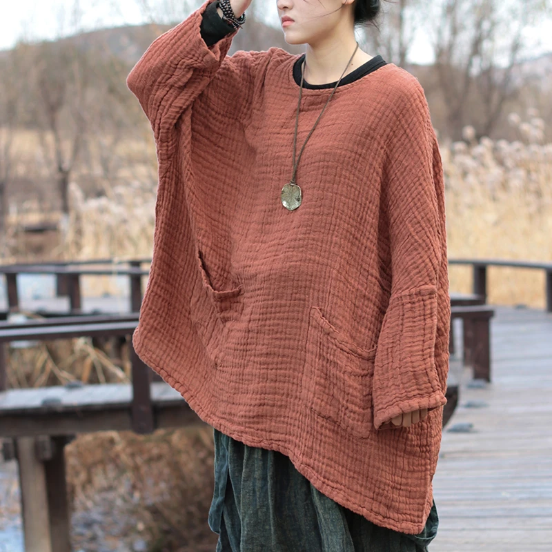 花枝秾原创春季新款禅意气质宽松双层褶皱肌理棉麻亚麻上衣女高端