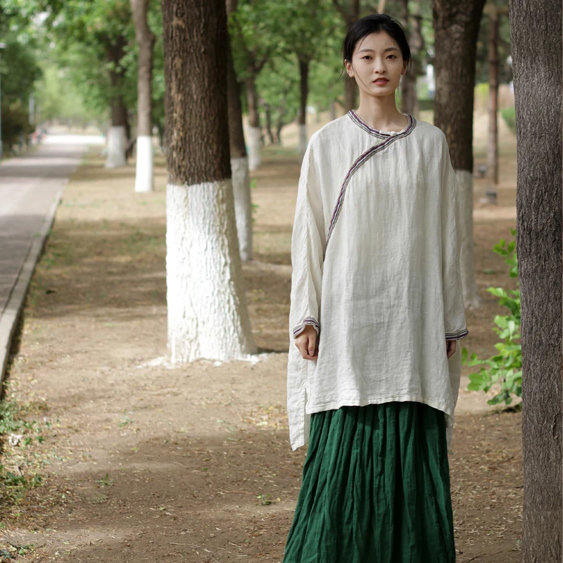 花枝秾原创复古亚麻秋季新款宽松显瘦气质优雅中长款长袖衬衫