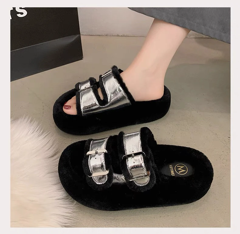 026厚底毛毛拖鞋女外穿2024新款秋冬季时尚皮带扣毛绒棉拖毛毛鞋