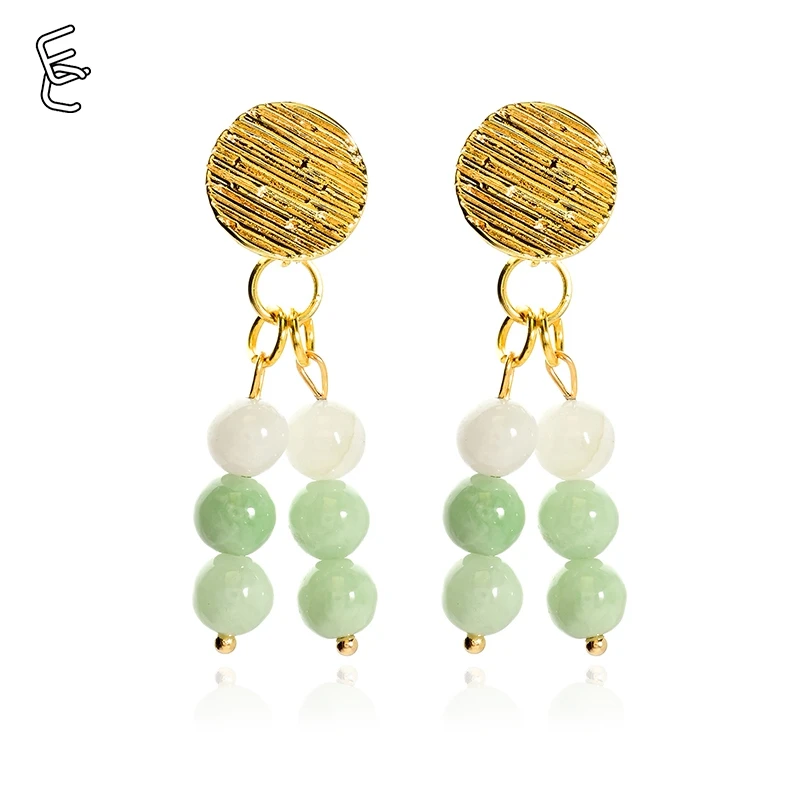 法式轻奢时尚金属条纹圆形拉丝双排长款百搭手工精致轻奢翡翠耳环
