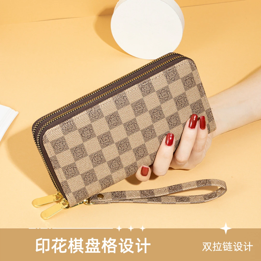 Je爆款钱包复古潮流印花棋盘格大容量手拿包双拉链手时尚手机包
