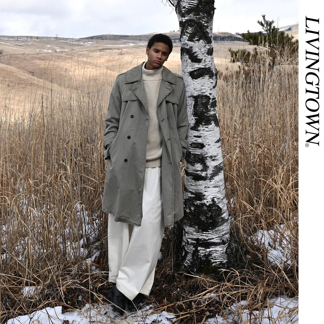 LIVINGTOWN CLUEL杂志别注款 复古英伦风翻领双排扣腰带休闲风衣