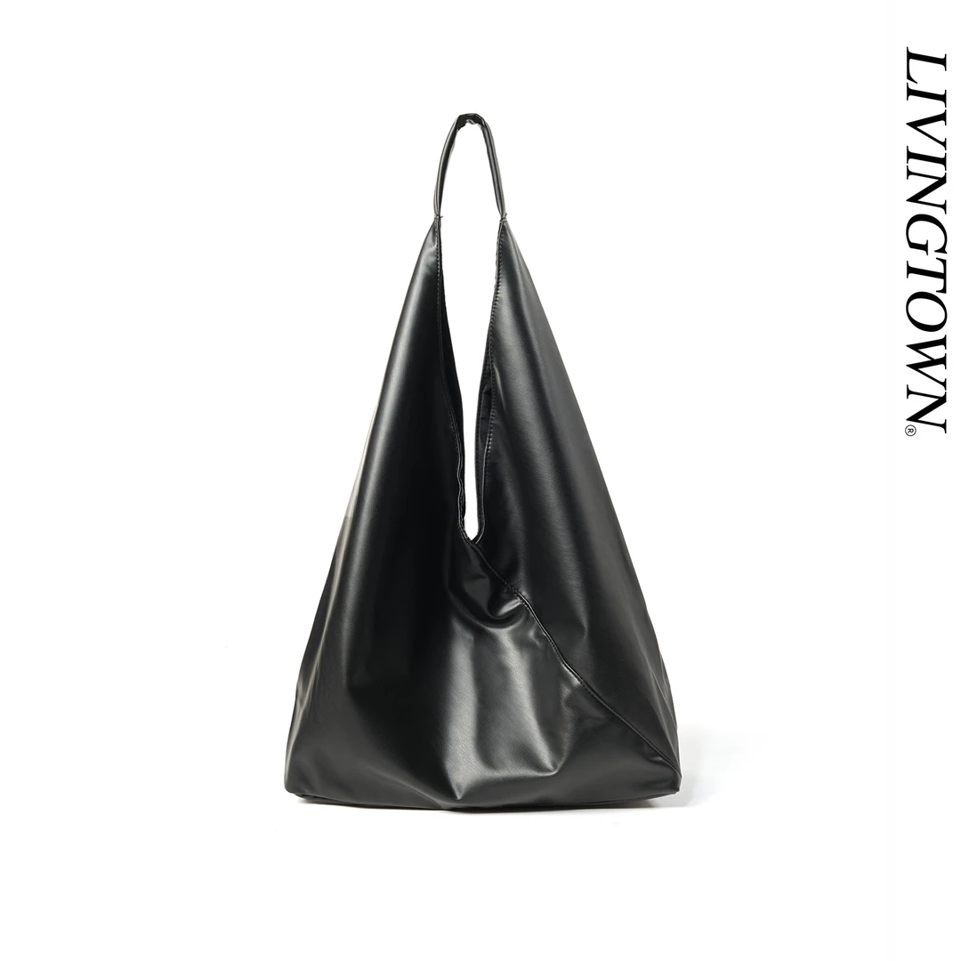 LIVINGTOWN黑色极简慵懒风高级感大容量托特包PU皮单肩手提三角包