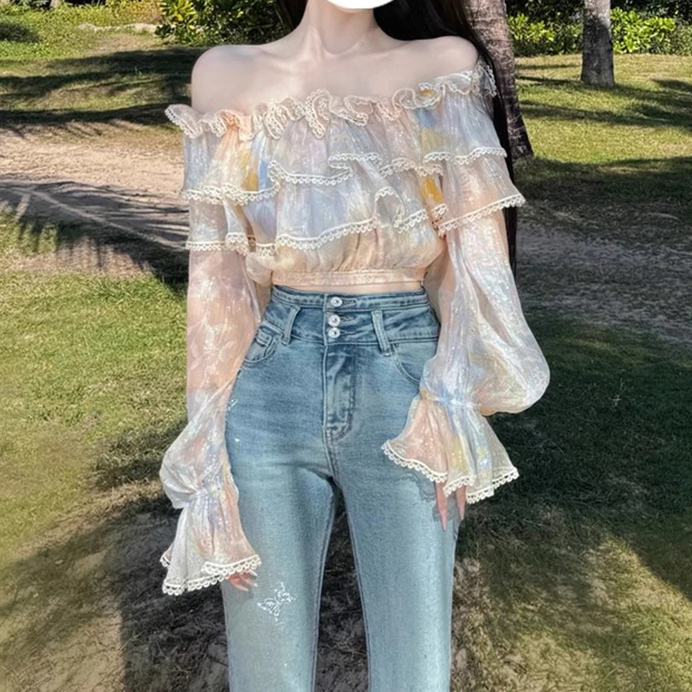 法式荷叶边一字肩上衣女高级感短款蕾丝雪纺衫春夏季长袖气质小衫