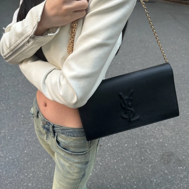 95新 YSL/圣罗兰 牛皮黑色手拿包真皮送链条斜挎百搭气质