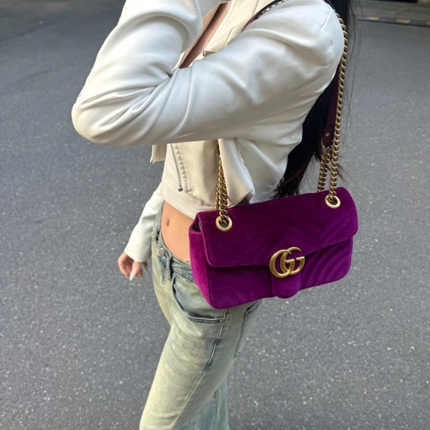 95新 GUCCI/古驰 GUCCI紫色丝绒马蒙26单肩包斜挎包